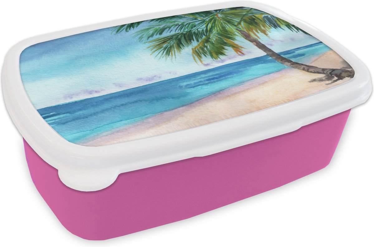 Broodtrommel Roze - Lunchbox - Brooddoos - Strand - Palmboom - Zee - 18x12x6 cm - Kinderen - Meisje