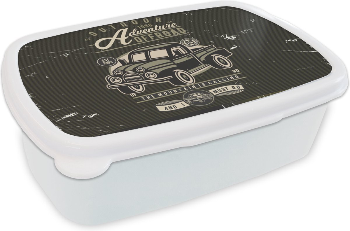 Broodtrommel Wit - Lunchbox - Brooddoos - Auto - Vintage - Letters - 18x12x6 cm - Volwassenen