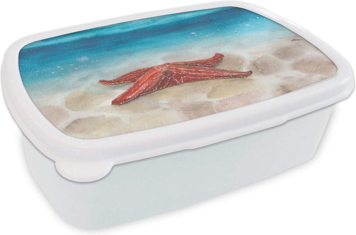 Broodtrommel Wit - Lunchbox - Brooddoos - Zee - Waterverf - Zeester - 18x12x6 cm - Volwassenen