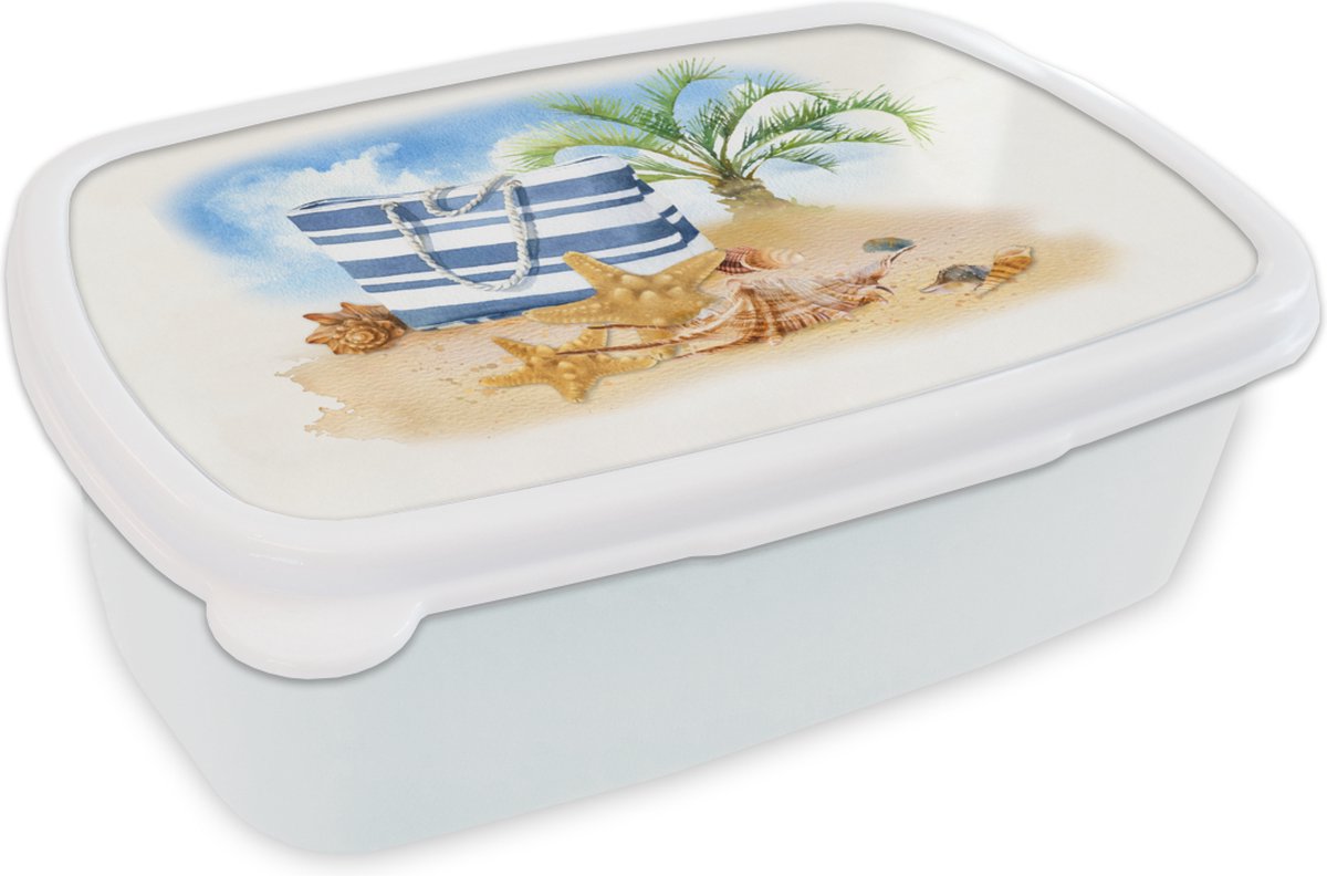 Broodtrommel Wit - Lunchbox - Brooddoos - Palmboom - Tas - Schelpen - 18x12x6 cm - Volwassenen