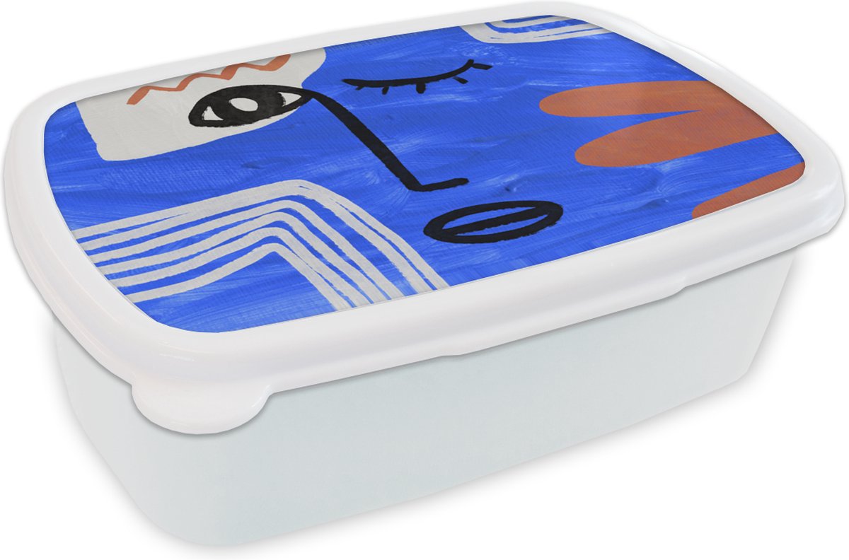 Broodtrommel Wit - Lunchbox - Brooddoos - Gezicht - Blauw - Abstract - 18x12x6 cm - Volwassenen