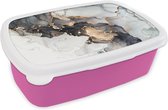 Broodtrommel Roze - Lunchbox Marmer - Zwart - Wit - Goud - Luxe - Abstract - Brooddoos 18x12x6 cm - Brood lunch box - Broodtrommels voor kinderen en volwassenen