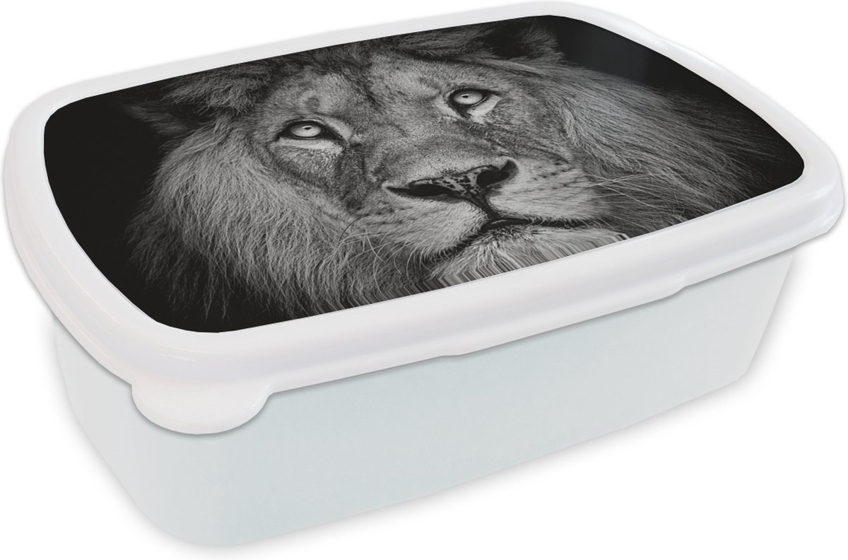 Broodtrommel Wit - Lunchbox - Brooddoos - Leeuw - Portret - Zwart - Wit - 18x12x6 cm - Volwassenen