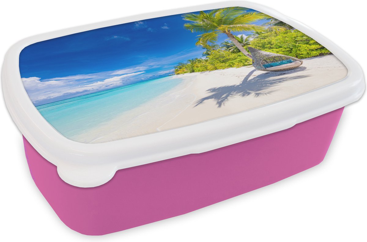 Broodtrommel Roze - Lunchbox - Brooddoos - Strand - Palm - Hangstoel - 18x12x6 cm - Kinderen - Meisje