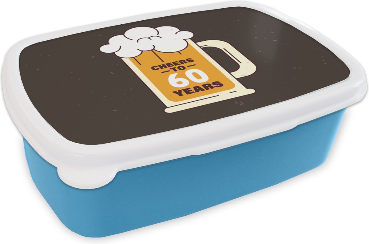 Broodtrommel Blauw - Lunchbox - Brooddoos - Jubileum - 60 Jaar - Bier - 18x12x6 cm - Kinderen - Jongen