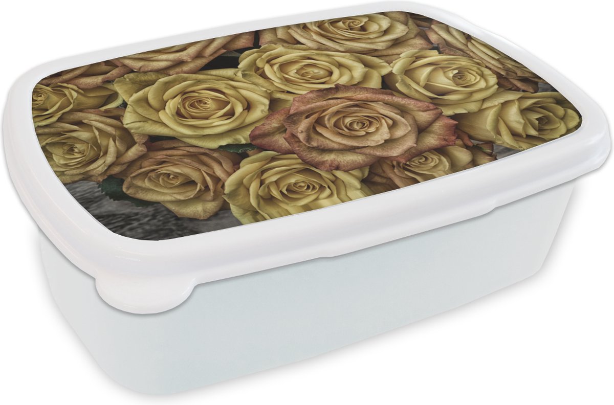 Broodtrommel Wit - Lunchbox - Brooddoos - Rozen - Goud - Bruin - Boeket - 18x12x6 cm - Volwassenen