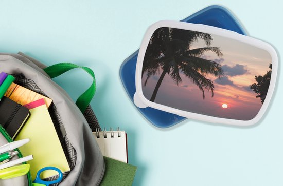 Lunch box Blauw - Lunch box - Boîte à pain - Tropical - Palmier - Soleil - 18x12x6 cm - Enfants - Garçon