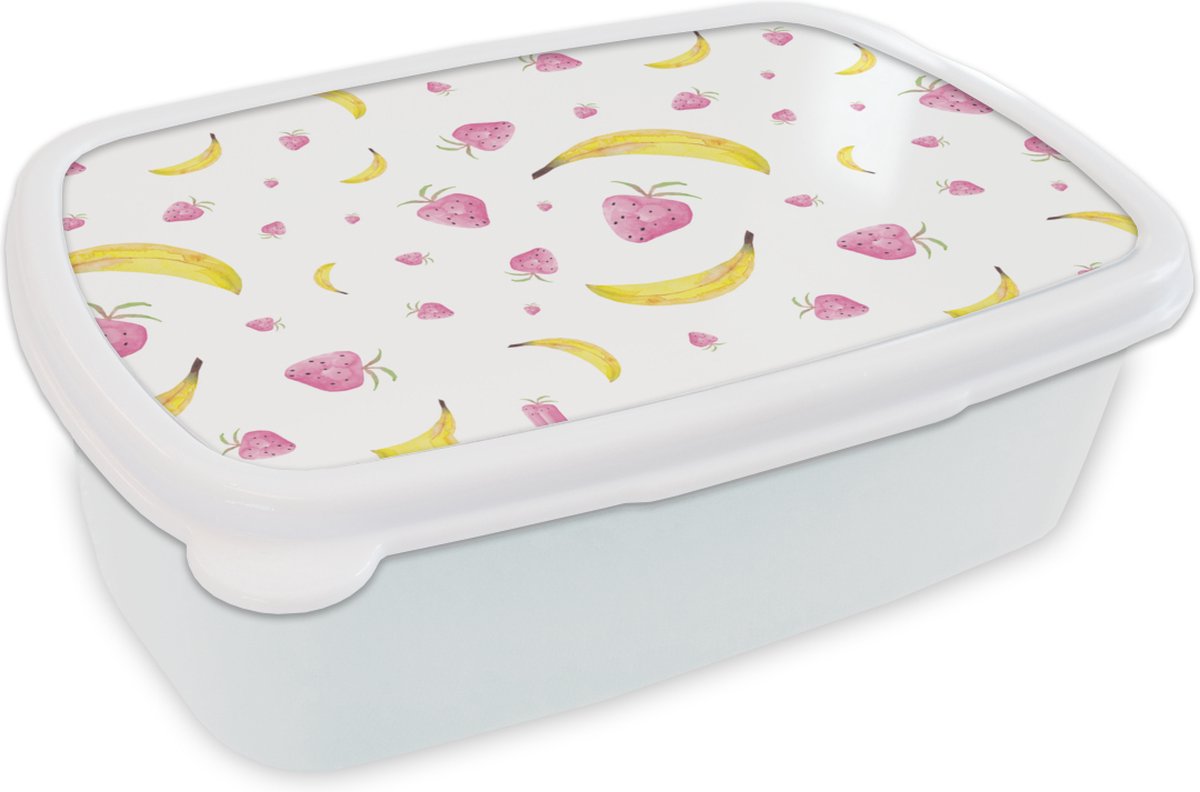 Broodtrommel Wit - Lunchbox - Brooddoos - Banaan - Aardbei - Design - 18x12x6 cm - Volwassenen