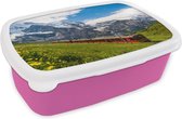 Broodtrommel Roze - Lunchbox - Brooddoos - Een rode trein in de Alpen - 18x12x6 cm - Kinderen - Meisje