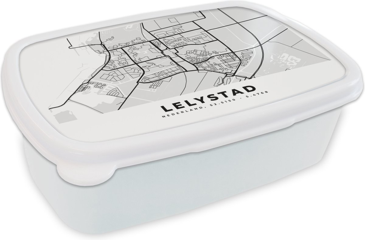 Broodtrommel Wit - Lunchbox - Brooddoos - Kaart - Lelystad - Nederland - 18x12x6 cm - Volwassenen