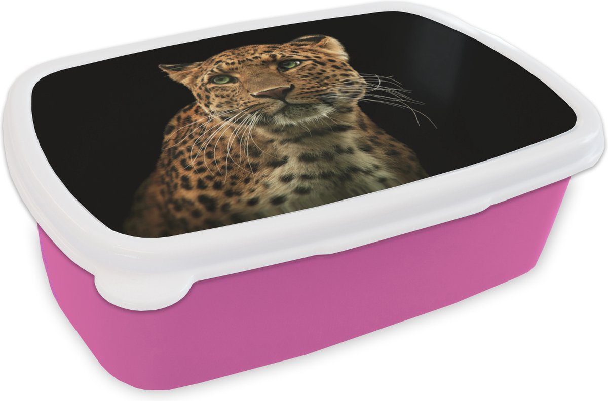 Broodtrommel Roze - Lunchbox - Brooddoos - Panter - Zwart - Groen - 18x12x6 cm - Kinderen - Meisje