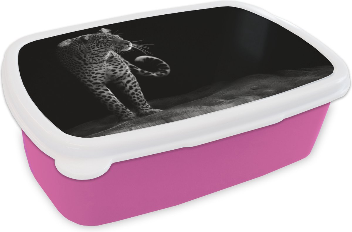 Broodtrommel Roze - Lunchbox - Brooddoos - Luipaard - Zwart - Wit - 18x12x6 cm - Kinderen - Meisje