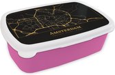 Broodtrommel Roze - Lunchbox - Brooddoos - Kaart - Amsterdam - Goud - Zwart - 18x12x6 cm - Kinderen - Meisje
