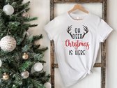 Lykke | Oh Deer Christmas is Here T-Shirt |Mannen - Vrouwen - Unisex | Katoen | Wit | Maat XL