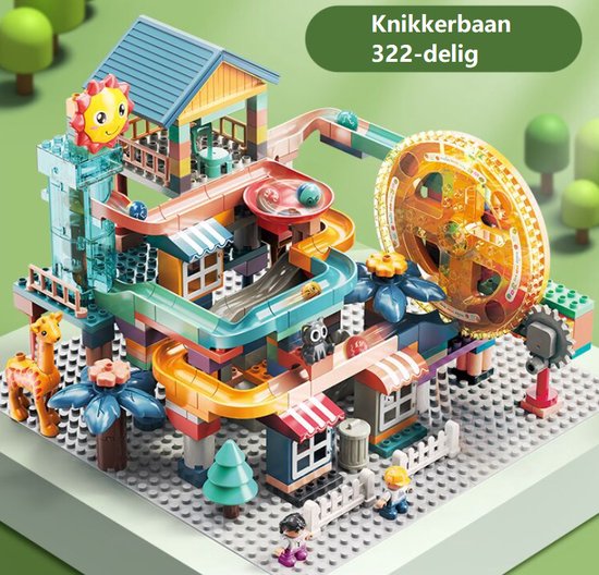 Thumbnail van een extra afbeelding van het spel Knikkerbaan 322 delig met Eektronische Motor en Bouwplaat- Zonstad - Mijn Eerste Knikkerbaan Creaties - Baanelementenset - Bouwblokken Voordeelverpakking - Bouwstenen compatibel met Duplo - Grote Bouwstenen