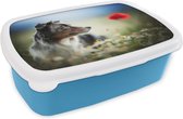 Broodtrommel Blauw - Lunchbox - Brooddoos - Hond - Bloemen - Kleuren - 18x12x6 cm - Kinderen - Jongen