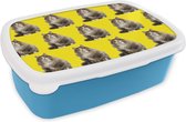 Broodtrommel Blauw - Lunchbox - Brooddoos - Kat - Patroon - Geel - 18x12x6 cm - Kinderen - Jongen