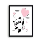 Poster Roze Panda met Hartjes Ballon - Meisjeskamer - Babyshower / Geboorte Cadeau - Babykamer - 70x50cm - Postercity