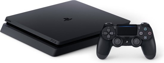 Zwarte PlayStation 4 Slim console met zwarte DualShock 4 controller ernaast.