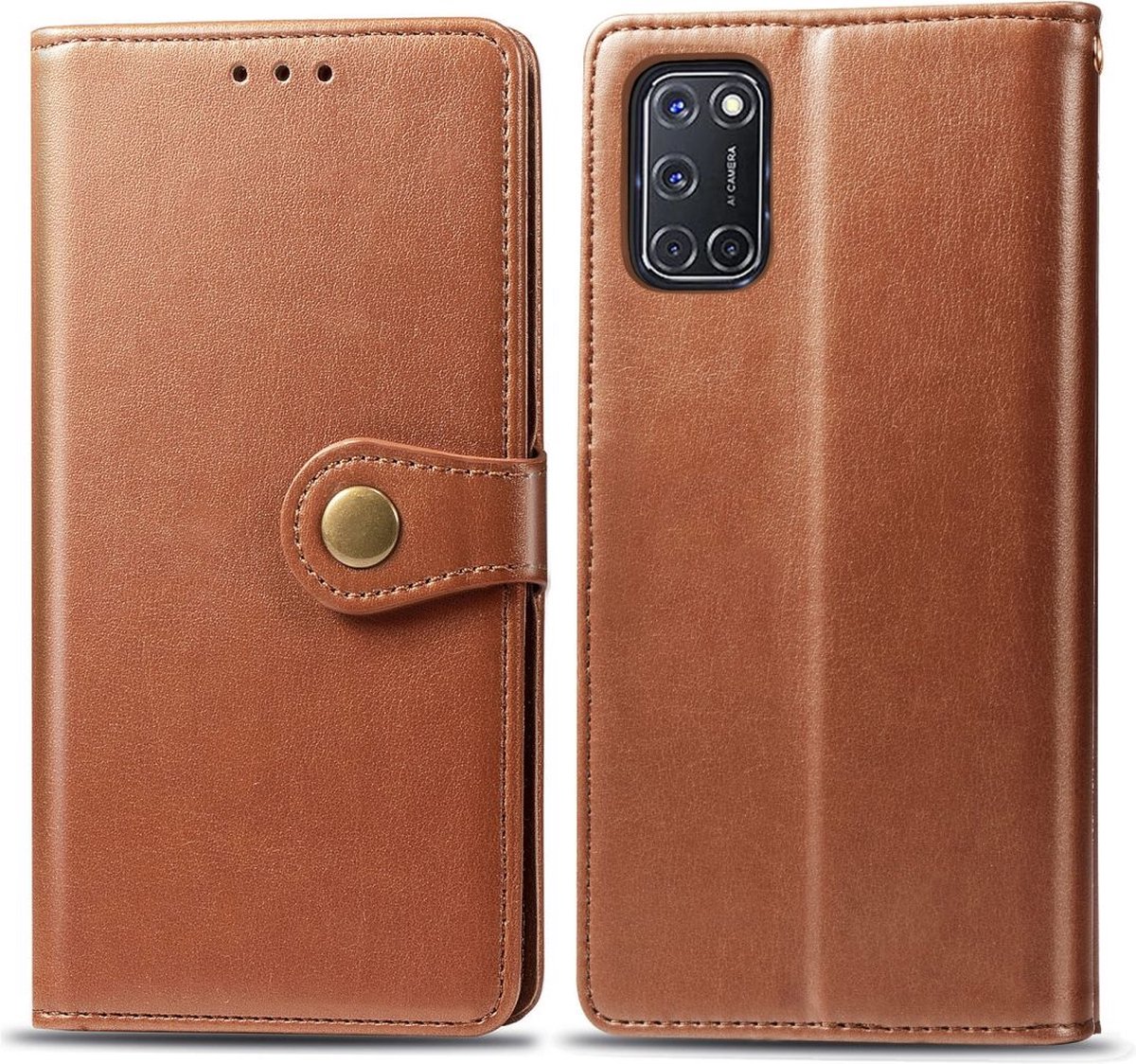 Mobigear Telefoonhoesje geschikt voor OPPO A52 Hoesje | Mobigear Snap Button Bookcase Portemonnee | Pasjeshouder voor 3 Pasjes | Telefoonhoesje voor Pinpas / OV Kaart / Rijbewijs - Cognac