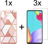 Samsung A52/A52S Hoesje - Samsung Galaxy A52/A52S Hoesje Marmer Roze Driehoek Print Siliconen Case - 3x Samsung A52/A52S Screenprotector