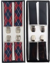 Bretels heren - 4 Clips - 2 Stuks Bretels Zwart en Ruit Blauw-Rood engelse ruit