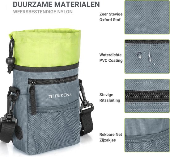 Grijze hondensnoeptas met fluogroene opening, ritssluiting en mesh vakken.