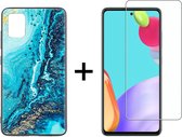 Samsung A72 Hoesje - Samsung Galaxy A72 Hoesje Marmer Donkerblauw Oceaan Print Siliconen Case - 1x Samsung A72 Screenprotector