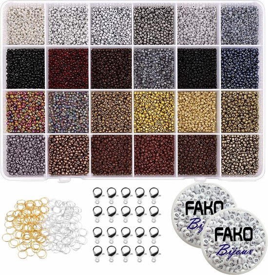 Fako Bijoux® - DIY Kralen Set - Glas Zaad Kralen - Glaszaad Donker/Goud/Zilver - Glaskralen - Sieraden Maken - Hobby - Kralenset - Kralendoos - 2mm - 19200 Stuks