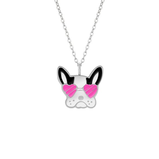 Zilveren ketting met een hondenkop van een Franse bulldog met roze hartjeszonnebril.