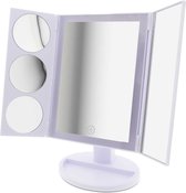 BAIK Make Up Spiegel met LED Strip Wit – Staande spiegel - met 3 vergrootspiegels – Cosmetica / Visagie spiegel - Scheerspiegel - 22 dimbare leds - 180° draaibaar – op batterijen en USB (kabe