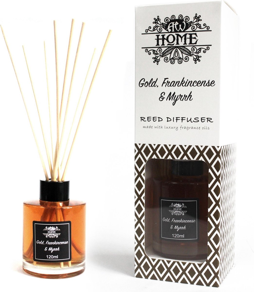 AW Geurstokjes - Goud, Wierook en Mirre - 120ml - Aromatische Riet Diffuser - Aromatherapie