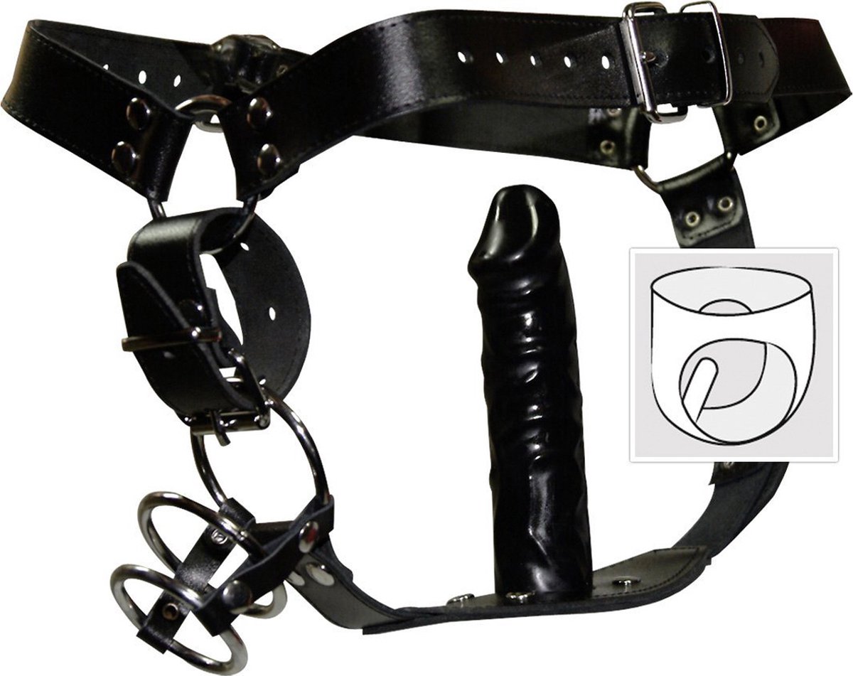 Goedkoopste ZADO – Lederen Bondage String met 3 Penis Ringen en Anale Dildo voor Goed Gevuld Gevoel Maat S/M – Zwart