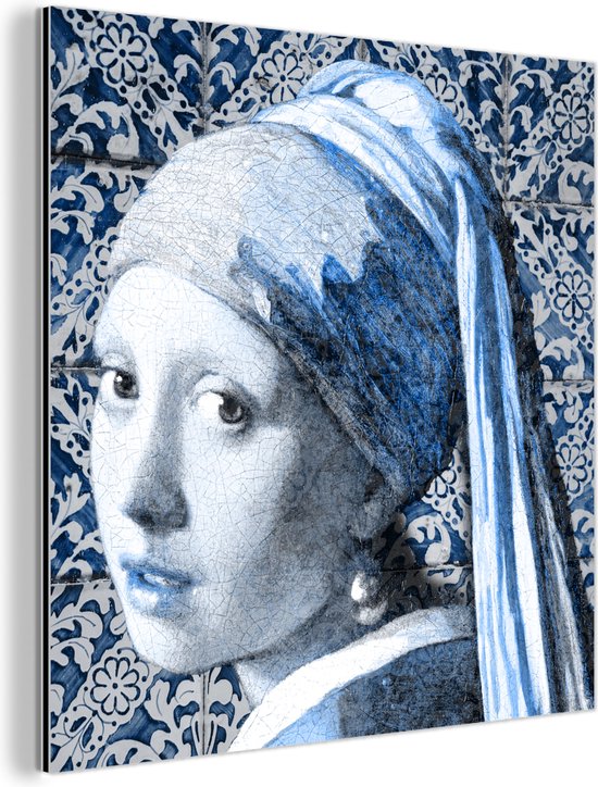 Wanddecoratie Metaal - Aluminium Schilderij Industrieel - Meisje met de parel - Johannes Vermeer - Delfts blauw - 50x50 cm - Dibond - Foto op aluminium - Industriële muurdecoratie - Voor de woonkamer/slaapkamer