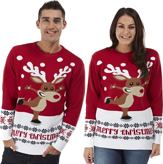 Foute Kersttrui voor Dames & Heren - Rendier Rudolf Op Schaatsen - Kerst trui Rood voor Mannen & Vrouwen Maat XXL - Unisex