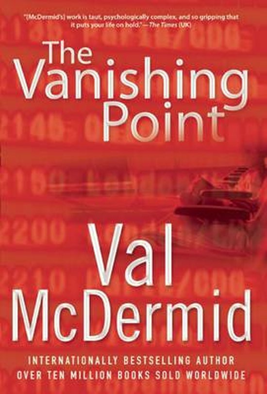 Boek "The Vanishing Point" van Val McDermid. Rode achtergrond met cijfers en een vervaagd beeld van een stoel.