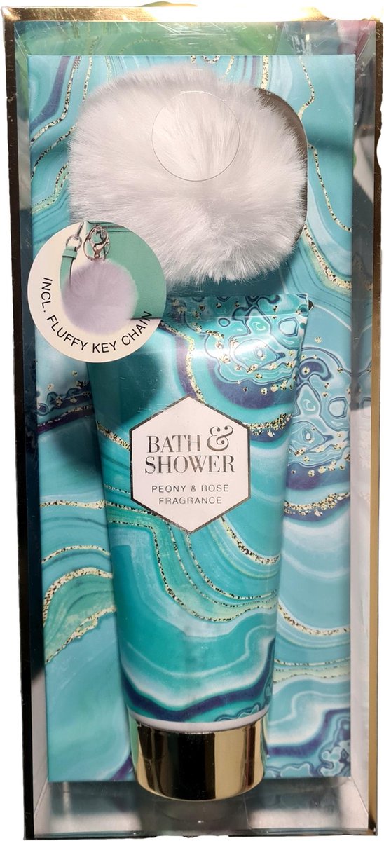 Goedkoopste Bad & Douche gel met fluffy chain - Peony & Rose - Cadeaus - Geschenk set - Blauw / Wit - 200 ml - Kerstmis - Feestdagen