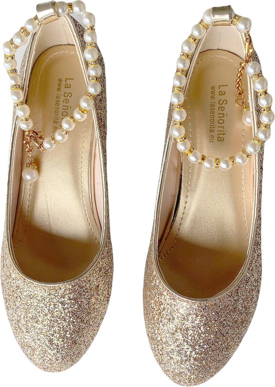 Communie schoenen - Prinsessen schoenen goud glitter met pareltjes - maat  35... | bol.com