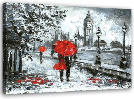 Trend24 - Canvas Schilderij - Londen In De Regen - Schilderijen - Steden - 60x40x2 cm - Rood