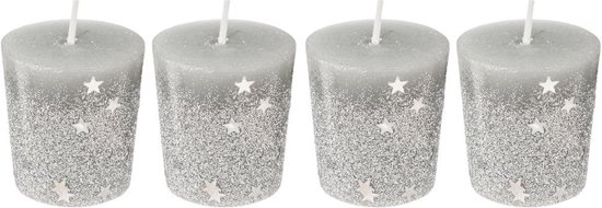 4 Zilveren votief kaarsen - Zilver & Glitters Kaarsjes - 7 branduren - SET van 4 stuks