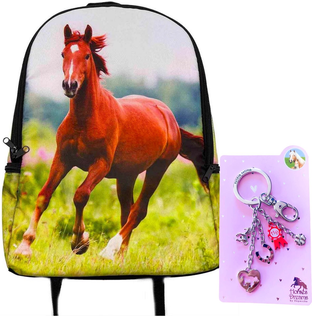 Rugzak Paard- rugtas bruin paard- 42cm x 28cm x 12cm- incl. metalen sleutelhanger set roze 5 delig