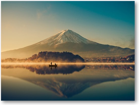 Mount Fuji bij Kawaguchimeer - Zonsopkomst - Canvas Liggend - Besteposter - Minimalist - Landschap - Natuur
