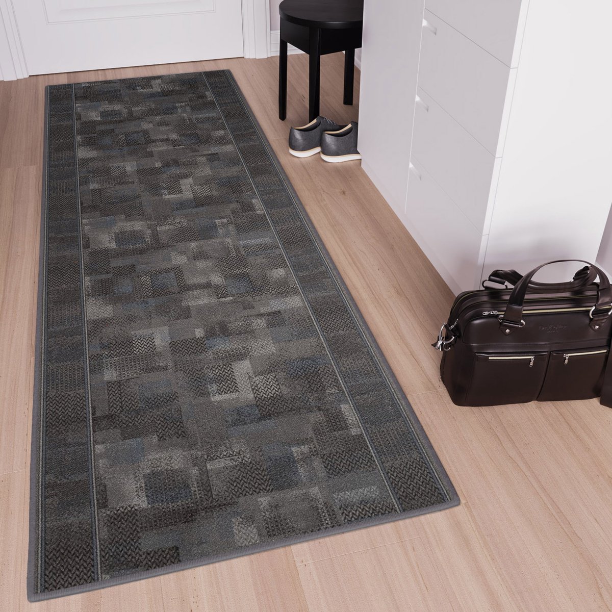 Tapiso Tapijtloper Antislip Antraciet Geometrisch – Gangloper Keukenloper Rubber Onderkant Maat- 80x1250