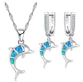 Ketting + hanger + oorbellen dolfijnen blauw - zilverkleur