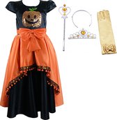 Carnavalskleding - Prinsessenjurk meisje - Het Betere Merk - Halloween kostuum voor kinderen - maat 134/140 - Kroon - Tiara - Toverstaf - Lange handschoenen - heksen - pompoen deco