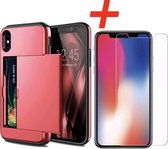 Pasjeshouder geschikt voor Apple iPhone X / XS - Rood - met Glazen Screenprotector