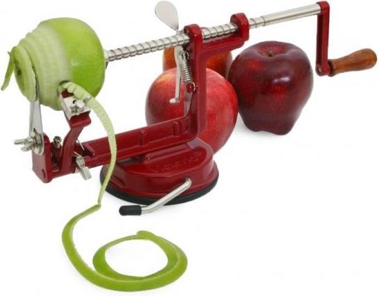 Rode appelschiller schilt een groene appel. Twee rode appels liggen achter de schiller.