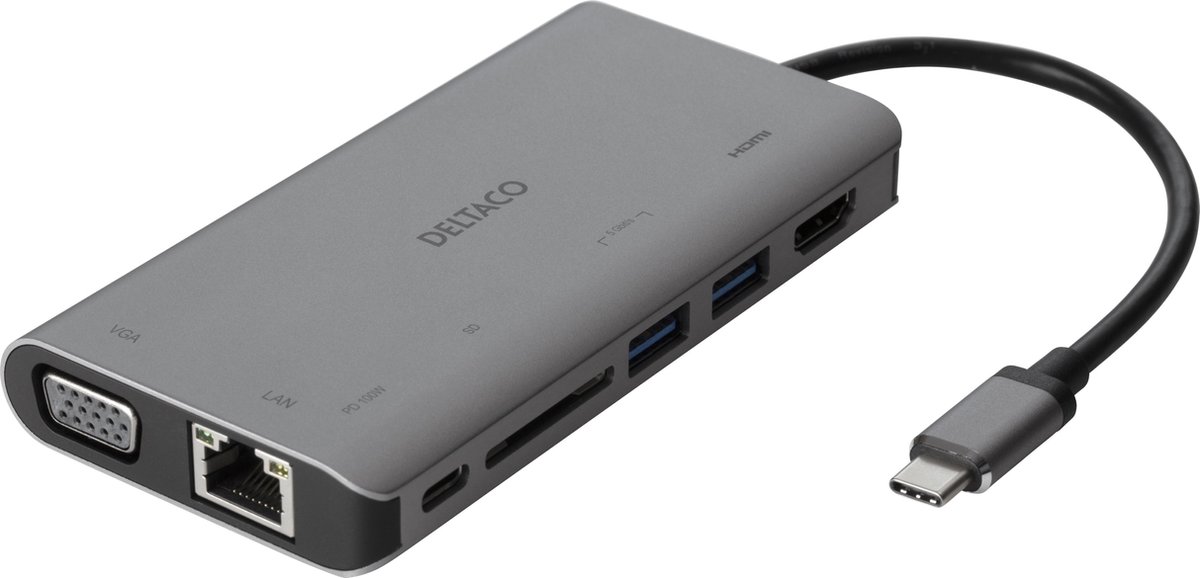 DELTACO USBC-HDMI18 USB-C naar HDMI VGA / USB / RJ45 / SD-adapter - PD3 - 3840x2160 30 Hz - Spacegrijs