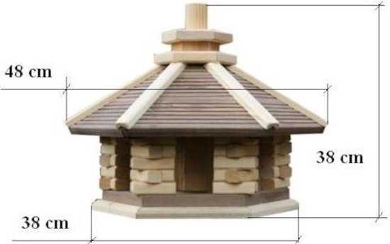 Vogelhuisje met afmetingen: 48 cm (hoog), 38 cm (breed) en 38 cm (diep).