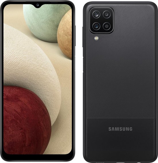 Zwarte Samsung Galaxy A12 telefoon, voor- en achterkant.